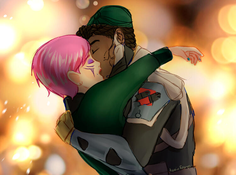 Drifter and Quincy Isaacs from Warframe kissing.