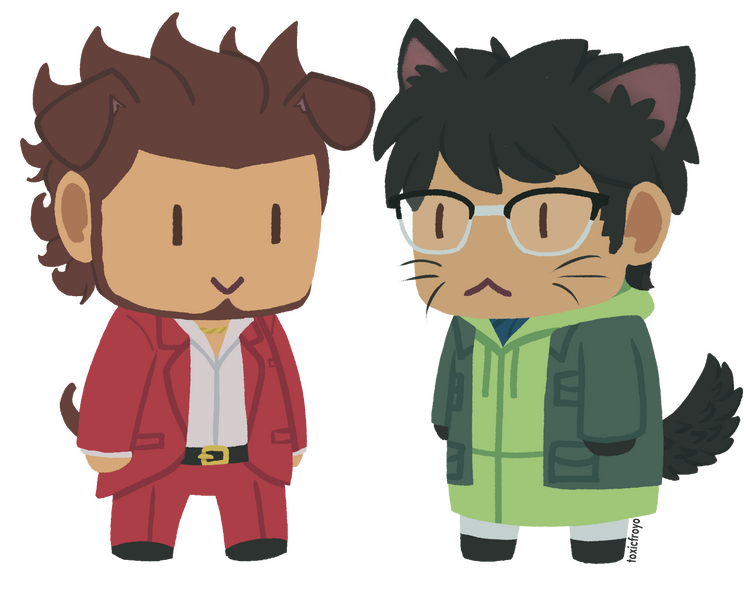 Chibis of Ichiban Kasuga and Yu Nanba from Like a Dragon, with animal ears and tails.